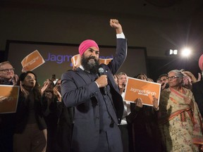 Jagmeet Singh celebrates with supporters after winning the first ballot in the NDP leadership race to be elected the leader of the federal New Democrats in Toronto on Sunday, October 1, 2017. Singh is no stranger to beating long odds -- which is good, since taking over the Prime Minister's Office this fall seems the unlikeliest of outcomes for the leader of the federal New Democrats.