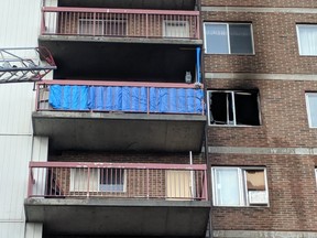 Damages to a seventh floor unit at a Donald Street high-rise Wednesday.