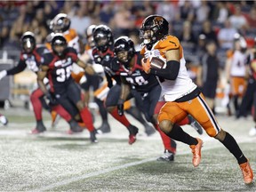 BC Lions wide receiver Lemar Durant carries the the ball during second quarter CFL football action against the Ottawa Redblacks on Saturday.