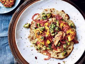 Grilled halloumi flatbreads with preserved lemon and barberry salsa from Bazaar.