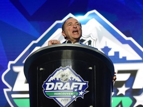 File photo/ Jun 21, 2019; Vancouver, BC, Canada; NHL commissioner Gary Bettman speaks before the first round of the 2019 NHL Draft at Rogers Arena.