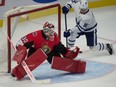 Toronto winger Andreas Johnsson (18) fans on the puck behind Ottawa goalie Filip Gustvasson in the third period of Wednesday's pre-season contest.