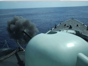Photo above shows the 76mm gun on HMCS Iroquois firing during an exercise in 2008. DND photo