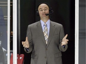 Hockey analyst Pierre McGuire speaks to a TV camera before game between the Canadiens and Chicago Blackhawks at the Bell Centre in Montreal on Jan. 8, 2008.
