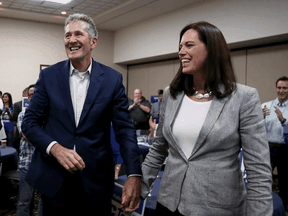 Brian Pallister and his wife Esther arrive at a Progressive Conservative rally in Winnipeg on Sept. 8, 2019.