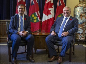 Conservative Party of Canada leader and Official Opposition leader Andrew Scheer (left), visits Ontario Premier Doug Ford at Queen's Park in Toronto, Ont. on Tuesday October 30, 2018.