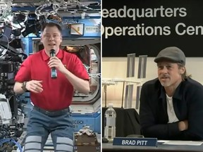 A composite of NASA TV frame grabs. Astronaut Nick Hague speaking with actor Brad Pitt during a live conversation from the International Space Station on Monday.