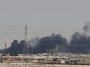 Smoke is seen following a fire at Aramco facility in the eastern city of Abqaiq, Saudi Arabia, September 14, 2019.