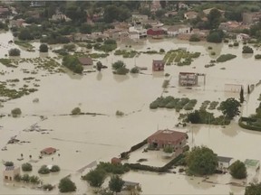 A still image taken from a drone footage shows a flooded area after heavy rainfall in Molina del Segura, Spain September 13, 2019.