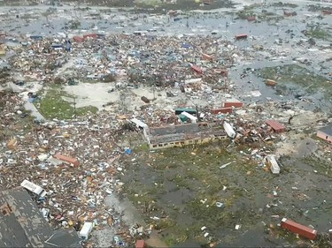 An aerial view shows devastation after hurricane Dorian hit the Abaco Islands in the Bahamas, Tuesday.