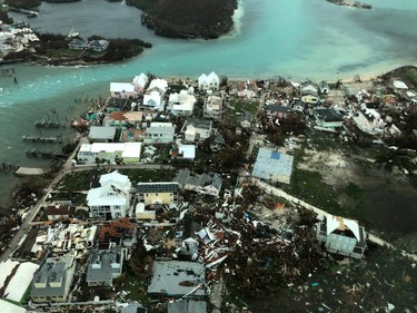 An aerial view shows devastation after hurricane Dorian hit the Abaco Islands in the Bahamas, Tuesday.