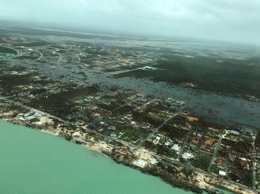 An aerial view shows devastation after hurricane Dorian hit the Abaco Islands in the Bahamas, Tuesday.