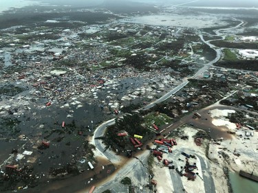 An aerial view shows devastation after hurricane Dorian hit the Abaco Islands in the Bahamas, Tuesday.