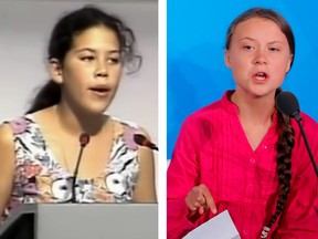 LEFT: Severn Cullis-Suzuki speaks at the 1992 United Nations Conference on Environment and Development in Rio de Janeiro. RIGHT: Greta Thunberg speaks at the 2019 United Nations Climate Action Summit at U.N. headquarters in New York City.