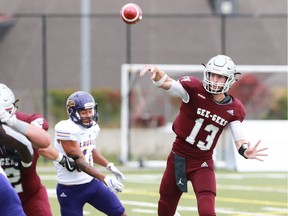 University of Ottawa Gee-Gees quarterback Ben Maracle throws a pass against the Laurier Golden Hawks on Saturday, Sept. 14, 2019.