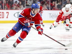 Montreal Canadiens' Max Domi carries the puck up ice during third period against the Detroit Red Wings in Montreal on March 12, 2019.