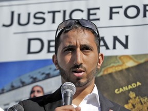 Deepan Budlakoti speaks to a small group of people outside the Supreme Court of Canada in May, 2015.