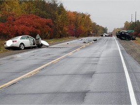 One person suffered life-threatening injuries and three others were also hospitalized following a two vehicle crash on Highway 15 near Smiths Falls Saturday, Oct. 12.