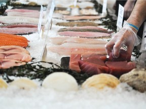 Fillets and whole fish for sale at a fish market.