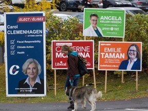 A woman walks her dog past federal candidate election signs in the riding of Ottawa Centre. October 16, 2019.