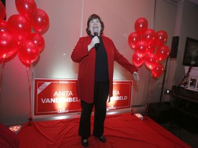 Re-elected Ottawa-West-Nepean Liberal MP Anita Vandenbeld speaks at her victory party at Colonnade Pizza on federal election night in Ottawa on Monday, October 21, 2019.