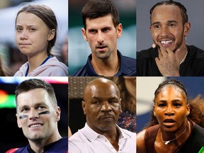 Vegans all. Top row (from left): Greta Thunberg, Novak Djokovic, Lewis Hamilton. Bottom row (from left): Tom Brady, Mike Tyson and Venus Williams.