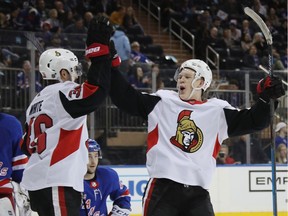 The Ottawa Senators' Colin White and Brady Tkachuk celebrate a goal late last season.