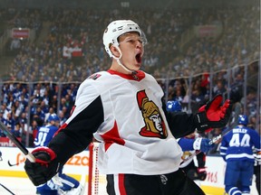 Brady Tkachuk #7 of the Ottawa Senators celebrates the first goal of the game during an NHL game against the Toronto Maple Leafs at Scotiabank Arena on October 2, 2019 in Toronto, Canada.