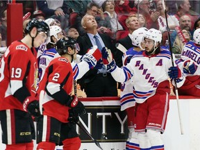 Mika Zibanejad #93 of the New York Rangers celebrates his second period goal completing his hat trick against the Ottawa Senators at Canadian Tire Centre on Saturday.