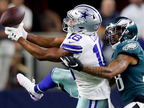 ARLINGTON, TEXAS - OCTOBER 20: Randall Cobb #18 of the Dallas Cowboys attempts to make a catch against #38 of the Philadelphia Eagles during the first half in the game on October 20, 2019 in Arlington, Texas.