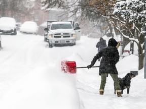 A woman shoves along Adelaide Street after Ottawa was hit with a winter storm Sunday Jan. 20, 2019.