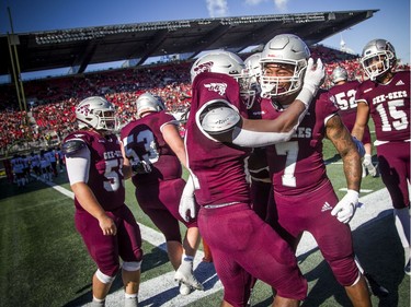 uOttawa Gee-Gee's won the annual Panda Game against the Carleton Ravens at TD Place Saturday October 5, 2019. The Gee-Gee's celebrate towards the end of the game.