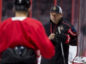 Ottawa Senators head coach DJ Smith gives instructions to his players during team practice on Tuesday October 8, 2019.