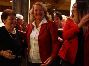Liberal candidate Karen McCrimmon celebrates her federal election victory in the riding of Kanata-Carleton on Monday, Oct. 21, 2019.