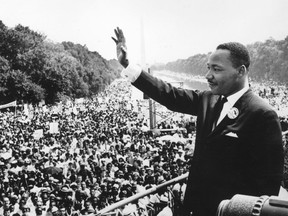 Martin Luther King addresses crowds during the March On Washington at the Lincoln Memorial.