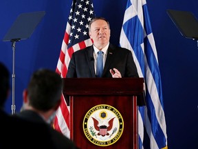 US Secretary of State Mike Pompeo delivers a speech at the Stavros Niarchos Foundation Cultural Center in Athens on October 5, 2019.