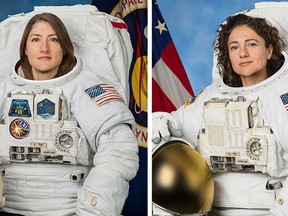 This undated combination photo obtained from NASA shows astronauts Christina Koch (L) and Jessica Meir. - After an infamous spacesuit flub earlier this year that resulted in accusations of sexism, NASA now plans to carry out the first all-female spacewalk this week, it said on October 15, 2019. Koch and Meir will venture outside the International Space Station either October 17 or October 18 to replace a power controller unit that failed over the weekend.