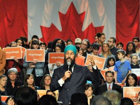 NDP leader Jagmeet Singh addresses supporters at the Vogue Theatre in Vancouver, BC, Canada, during a campaign stop on October 19, 2019.