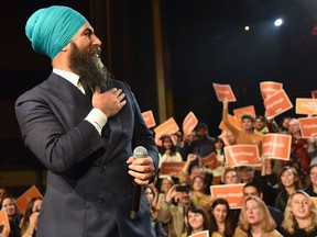 NDP leader Jagmeet Singh addresses his supporters at the Vogue Theatre in Vancouver, BC, Canada, during a campaign stop on October 19, 2019.