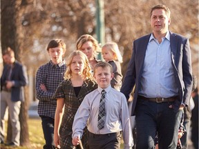 Conservative leader Andrew Scheer arrives with his family to vote in his home riding of ReginaQu'Appelle in Regina, Saskatchewan, Canada on Oct. 21.