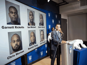 Peel Regional Police Chief Nishan Duraiappah, centre, announces the arrest of six men in a multi-million dollar electronics heist, at Peel Police headquarters in Mississauga on Oct. 9, 2019.