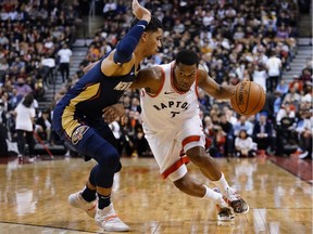 Toronto Raptors guard Kyle Lowry (7) drives to the net against New Orleans Pelicans guard Josh Hart (3) at Scotiabank Arena. Toronto defeated New Orleans in overtime. Mandatory Credit: John E. Sokolowski-USA TODAY Sports ORG XMIT: USATSI-406718