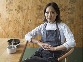 Briana Kim with some of her dishes at Alice Restaurant on Adeline Street in Little Italy. The dishes are Summer Bouquet, Tomato and Ponzu, and Coconut, Cranberry Beans and Coffee.