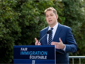 Conservative Andrew Scheer campaigns for the upcoming election near the U.S. border, in Hemmingford, Que., earlier this week.