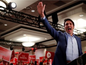 Liberal leader Justin Trudeau, sporting a bullet-proof vest, attends a rally during an election campaign visit to Mississauga on Saturday.