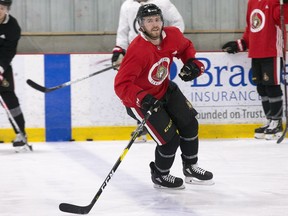 Chris Tierney, who was the Senators' best all-round player against St. Louis on Thursday night, skates a drill at practice on Friday morning at the Bell Sensplex.