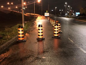 Cones at the Carling on-ramp. Pranksters had moved the cones giving cars access to the construction site.