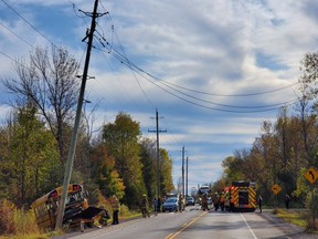 First responders at scene after school bus crashes through hydro pole on Highway 2 near Odessa Wednesday morning.