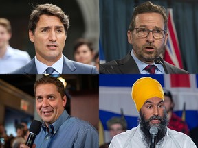 Clockwise: Justin Trudeau, Yves-François Blanchet. Jagmeet Singh and Andrew Scheer