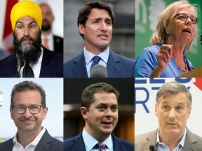 The debaters, clockwise from top left, Jagmeet Singh, Justin Trudeau, Elizabeth May, Maxime Bernier, Andrew Scheer and Yves-François Blanchet.